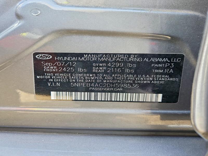 2013 Hyundai Sonata მანქანა იყიდება აუქციონზე, vin: 5NPEB4AC2DH598536, აუქციონის ნომერი: 53620836