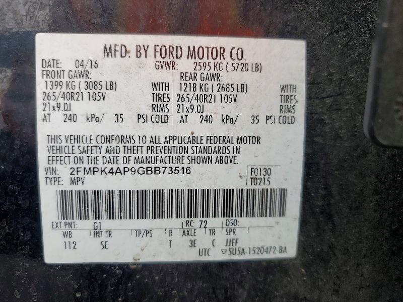 51523516 :رقم المزاد ، 2FMPK4AP9GBB73516 vin ، 2016 Ford Edge مزاد بيع