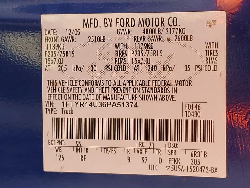 Aukcja sprzedaży 2006 Ford Ranger, vin: 1FTYR14U36PA51374, numer aukcji: 52776286