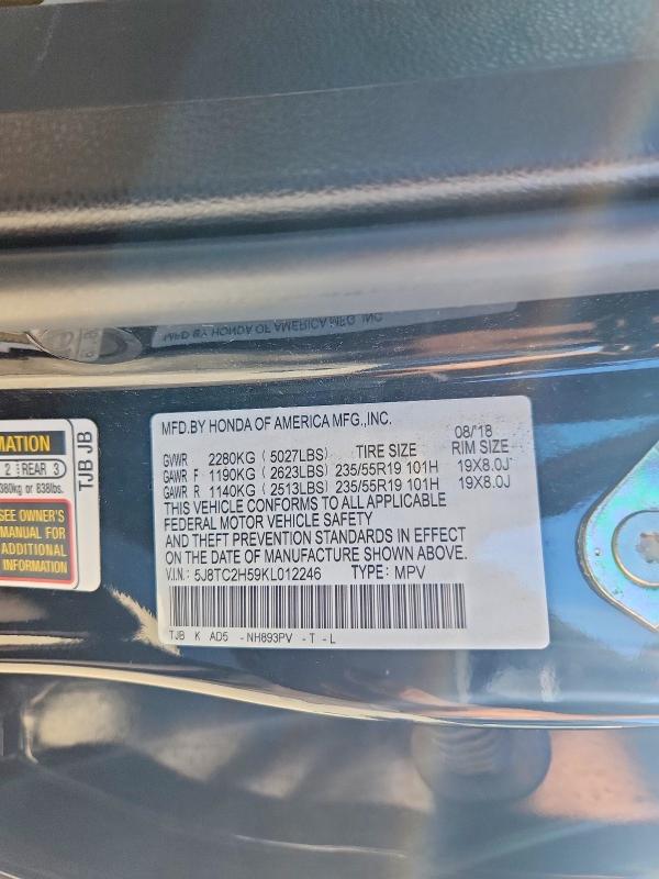 52922706 :رقم المزاد ، 5J8TC2H59KL012246 vin ، 2019 Acura Rdx مزاد بيع
