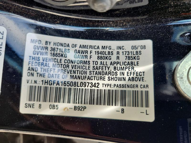54449016 :رقم المزاد ، 1HGFA16508L097342 vin ، 2008 Honda Civic مزاد بيع