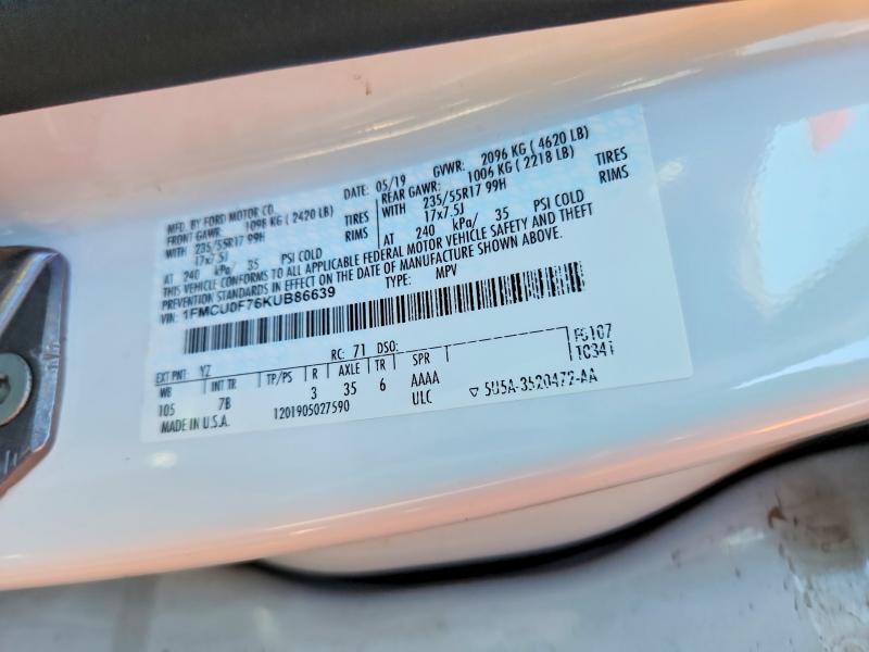 Aukcja sprzedaży 2019 Ford Escape, vin: 1FMCU0F76KUB86639, numer aukcji: 53072166