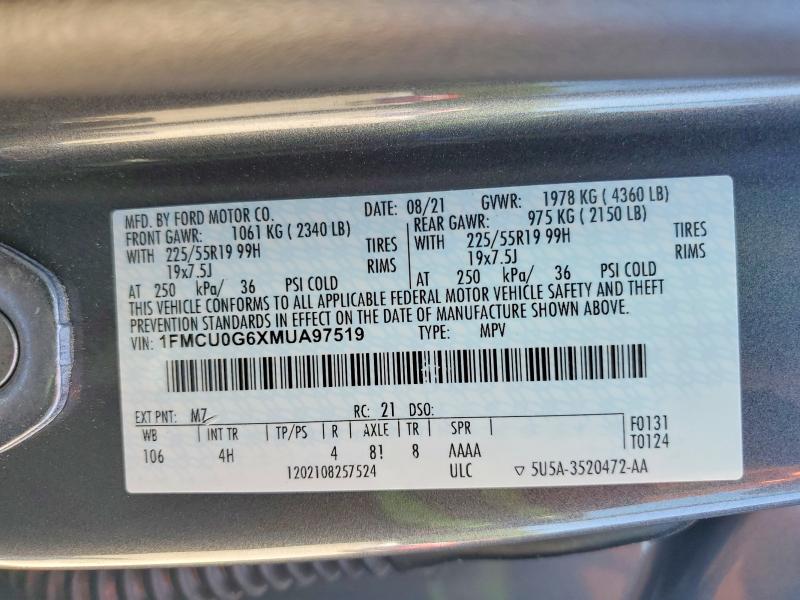 Aukcja sprzedaży 2021 Ford Escape, vin: 1FMCU0G6XMUA97519, numer aukcji: 52896666