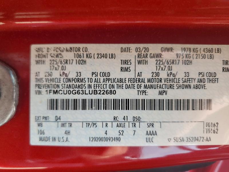 Продаж на аукціоні авто 2020 Ford Escape, vin: 1FMCU0G63LUB22680, номер лоту: 54806516