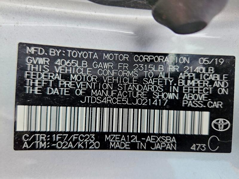 2020 Toyota Corolla მანქანა იყიდება აუქციონზე, vin: JTDS4RCE5LJ021417, აუქციონის ნომერი: 55409076