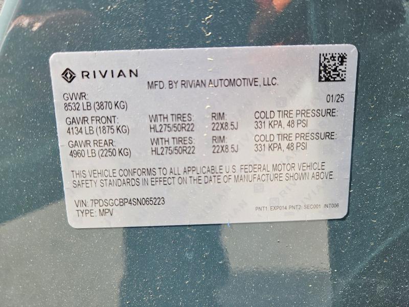 2025 Rivian R1s მანქანა იყიდება აუქციონზე, vin: 7PDSGCBP4SN065223, აუქციონის ნომერი: 52778116