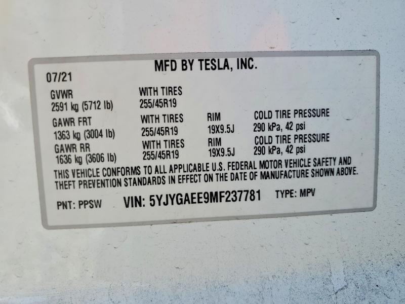2021 Tesla Model Y მანქანა იყიდება აუქციონზე, vin: 5YJYGAEE9MF237781, აუქციონის ნომერი: 55403516
