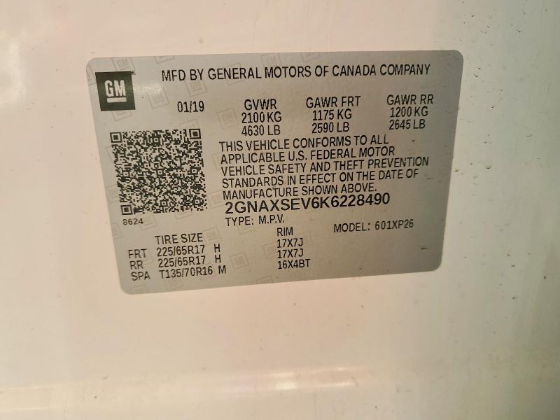 Aukcja sprzedaży 2019 Chevrolet Equinox, vin: 2GNAXSEV6K6228490, numer aukcji: 52858616