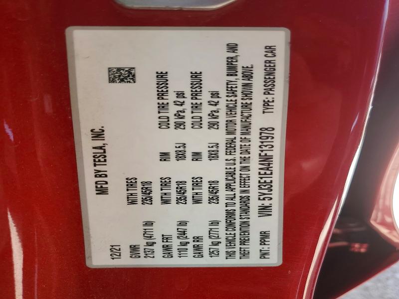 51547216 :رقم المزاد ، 5YJ3E1EA4NF131978 vin ، 2022 Tesla Model 3 مزاد بيع