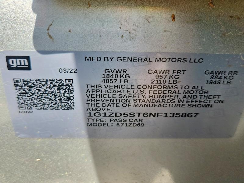 Aukcja sprzedaży 2022 Chevrolet Malibu, vin: 1G1ZD5ST6NF135867, numer aukcji: 55122296