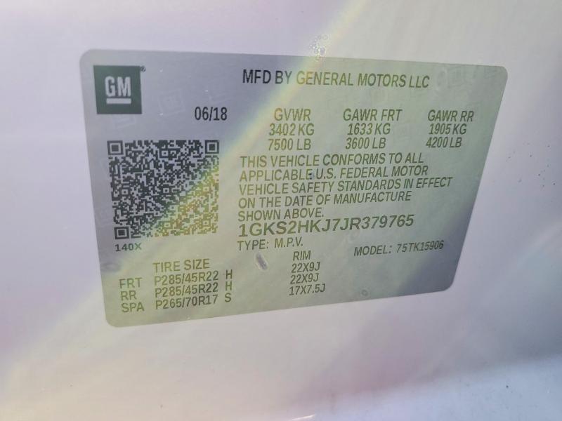 54006926 :رقم المزاد ، 1GKS2HKJ7JR379765 vin ، 2018 Gmc Yukon Xl مزاد بيع
