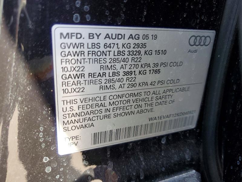54263146 :رقم المزاد ، WA1EVAF12KD040521 vin ، 2019 Audi Q8 مزاد بيع