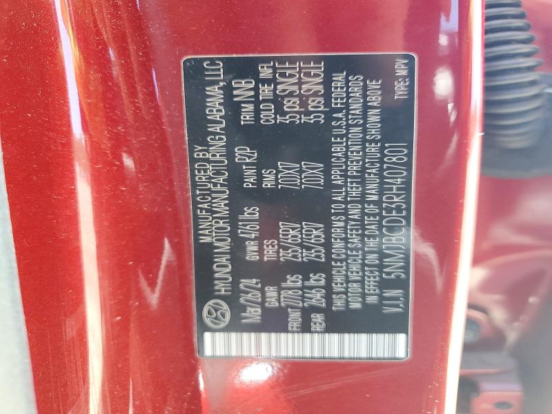 52516736 :رقم المزاد ، 5NMJBCDE3RH407801 vin ، 2024 Hyundai Tucson مزاد بيع