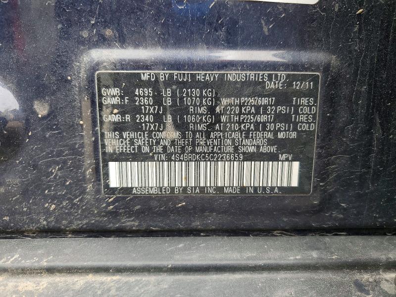 54023216 :رقم المزاد ، 4S4BRDKC5C2236659 vin ، 2012 Subaru Outback مزاد بيع
