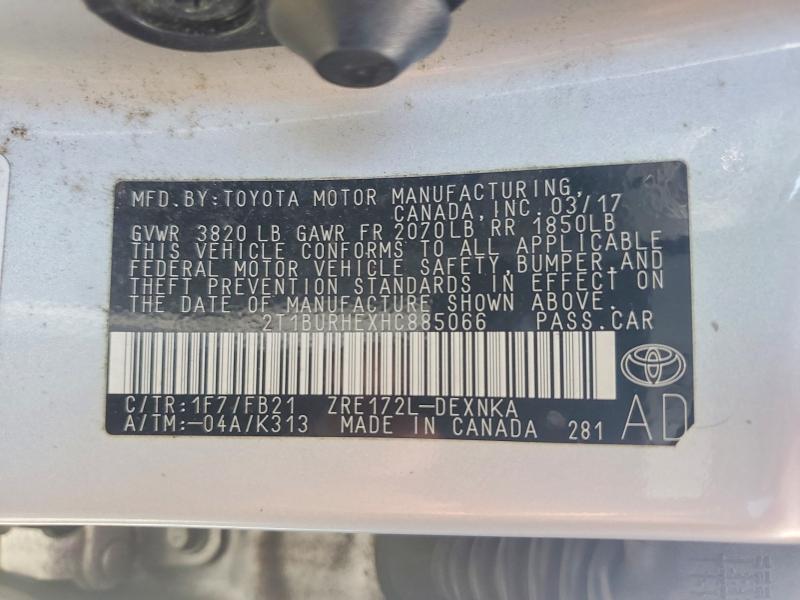 2017 Toyota Corolla მანქანა იყიდება აუქციონზე, vin: 2T1BURHEXHC885066, აუქციონის ნომერი: 53085776