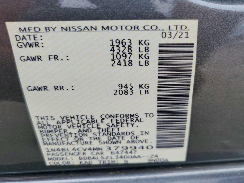 2021 Nissan Altima მანქანა იყიდება აუქციონზე, vin: 1N4BL4CV4MN379940, აუქციონის ნომერი: 54610326