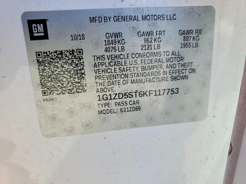 Продажа на аукционе авто 2019 Chevrolet Malibu, vin: 1G1ZD5ST6KF117753, номер лота: 59902046