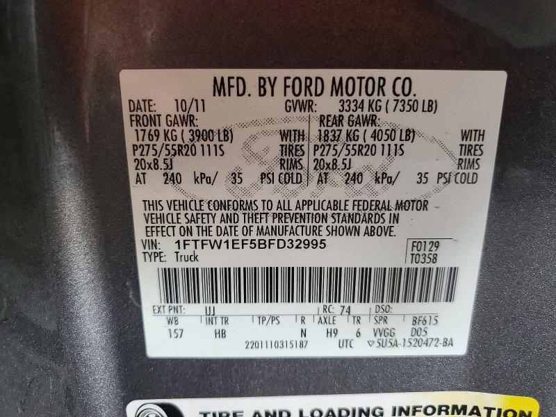 52168906 :رقم المزاد ، 1FTFW1EF5BFD32995 vin ، 2011 Ford F150 مزاد بيع