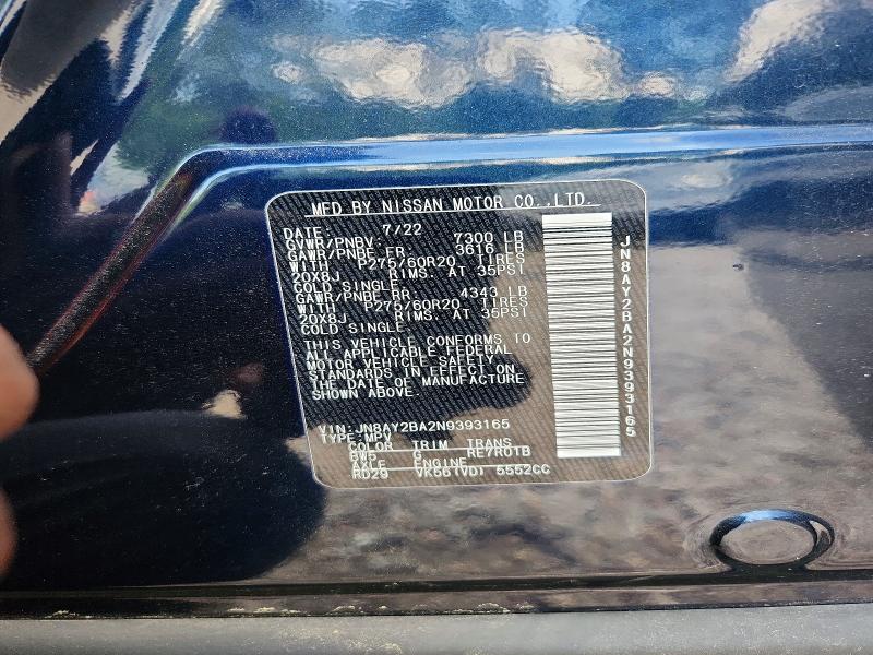 55118756 :رقم المزاد ، JN8AY2BA2N9393165 vin ، 2022 Nissan Armada مزاد بيع