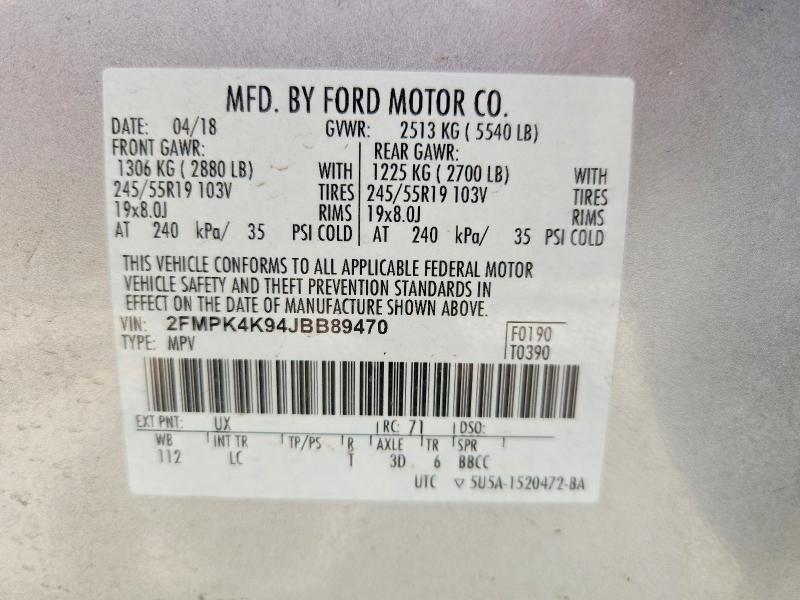 Продаж на аукціоні авто 2018 Ford Edge, vin: 2FMPK4K94JBB89470, номер лоту: 52451396