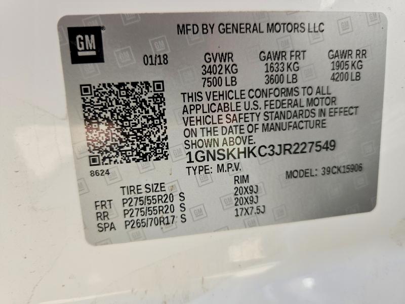 2018 Chevrolet Suburban მანქანა იყიდება აუქციონზე, vin: 1GNSKHKC3JR227549, აუქციონის ნომერი: 53848386