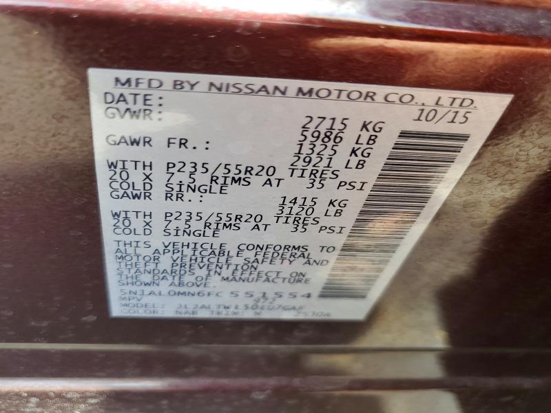 54450486 :رقم المزاد ، 5N1AL0MN6FC551554 vin ، 2015 Infiniti Qx60 مزاد بيع