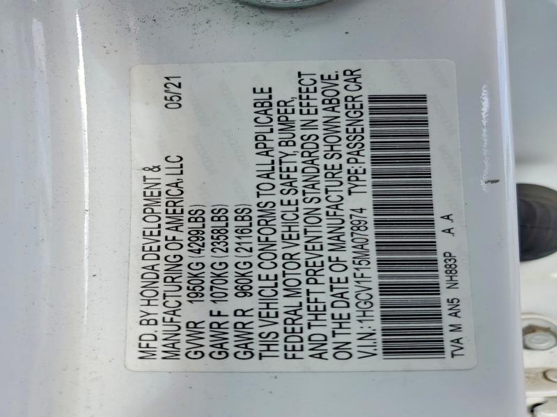 Продажа на аукционе авто 2021 Honda Accord, vin: 1HGCV1F15MA078974, номер лота: 52834106