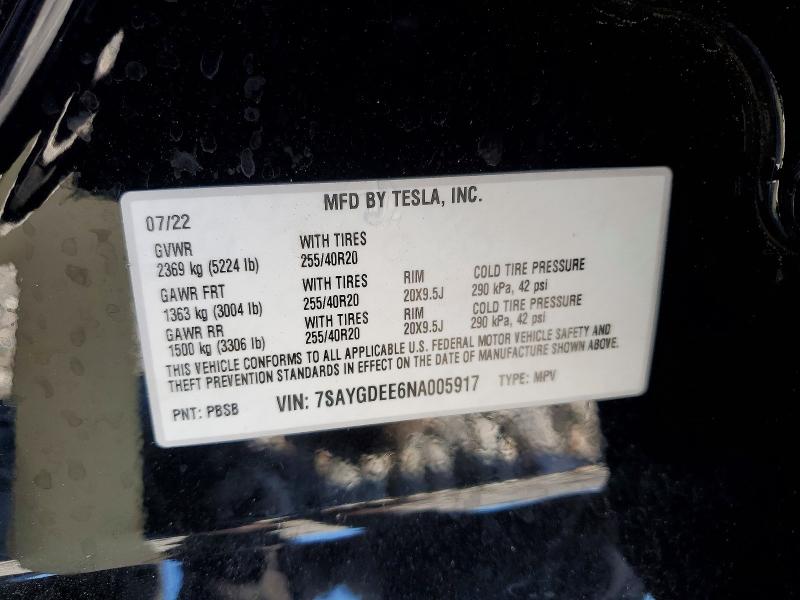 53744776 :رقم المزاد ، 7SAYGDEE6NA005917 vin ، 2022 Tesla Model Y مزاد بيع