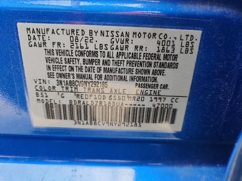 2022 Nissan Sentra მანქანა იყიდება აუქციონზე, vin: 3N1AB8CV9NY292185, აუქციონის ნომერი: 53321806