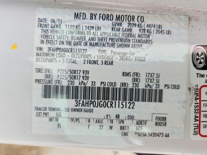 2012 Ford Fusion მანქანა იყიდება აუქციონზე, vin: 3FAHP0JG0CR115122, აუქციონის ნომერი: 54726506