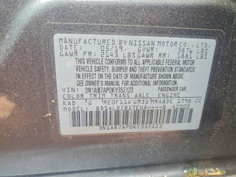 52555806 :رقم المزاد ، 3N1AB7AP0KY352123 vin ، 2019 Nissan Sentra مزاد بيع