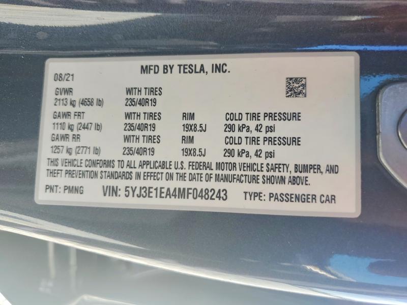 52665706 :رقم المزاد ، 5YJ3E1EA4MF048243 vin ، 2021 Tesla Model 3 مزاد بيع