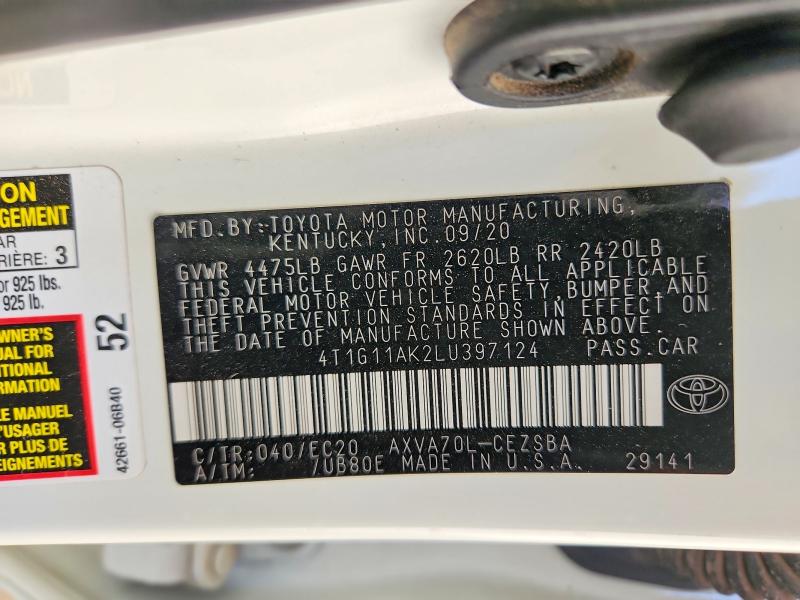 54702506 :رقم المزاد ، 4T1G11AK2LU397124 vin ، 2020 Toyota Camry مزاد بيع