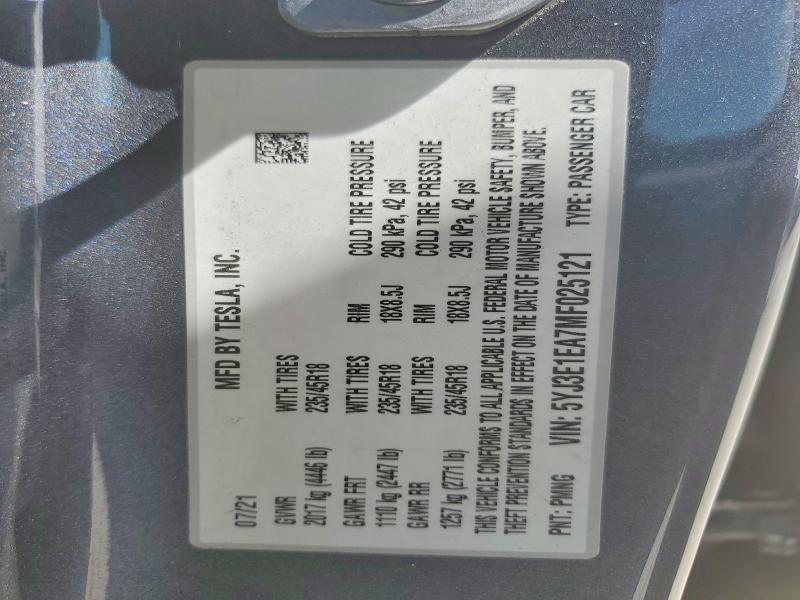 51778596 :رقم المزاد ، 5YJ3E1EA7MF025121 vin ، 2021 Tesla Model 3 مزاد بيع