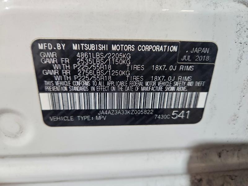 2019 Mitsubishi Outlander მანქანა იყიდება აუქციონზე, vin: JA4AZ3A33KZ005822, აუქციონის ნომერი: 55066756