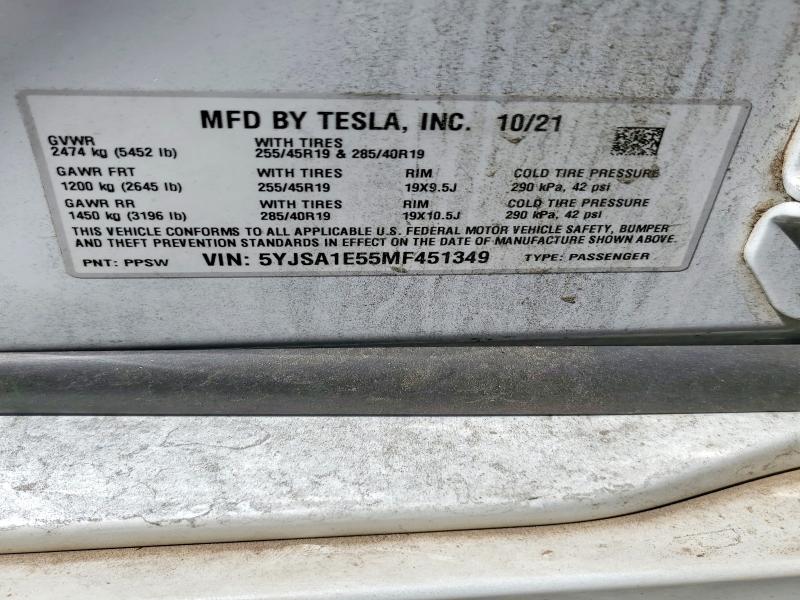 Продаж на аукціоні авто 2021 Tesla Model S, vin: 5YJSA1E55MF451349, номер лоту: 53595206