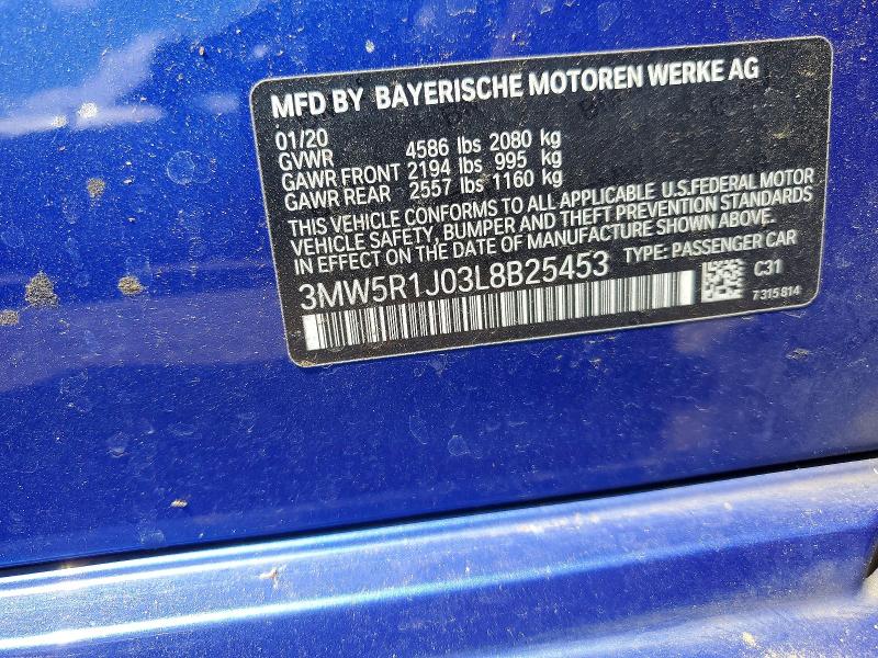 2020 Bmw 330i მანქანა იყიდება აუქციონზე, vin: 3MW5R1J03L8B25453, აუქციონის ნომერი: 53191426