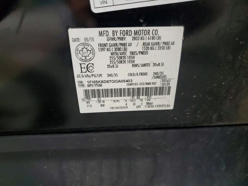 54083766 :رقم المزاد ، 1FM5K8D87GGA05403 vin ، 2016 Ford Explorer مزاد بيع