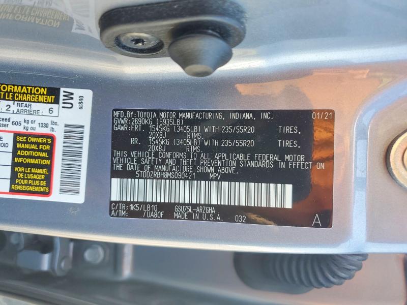 2021 Toyota Highlander მანქანა იყიდება აუქციონზე, vin: 5TDDZRBH8MS090421, აუქციონის ნომერი: 52289526