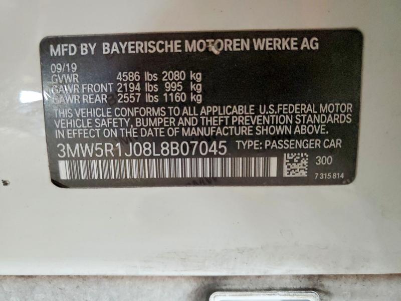51803856 :رقم المزاد ، 3MW5R1J08L8B07045 vin ، 2020 Bmw 330i مزاد بيع