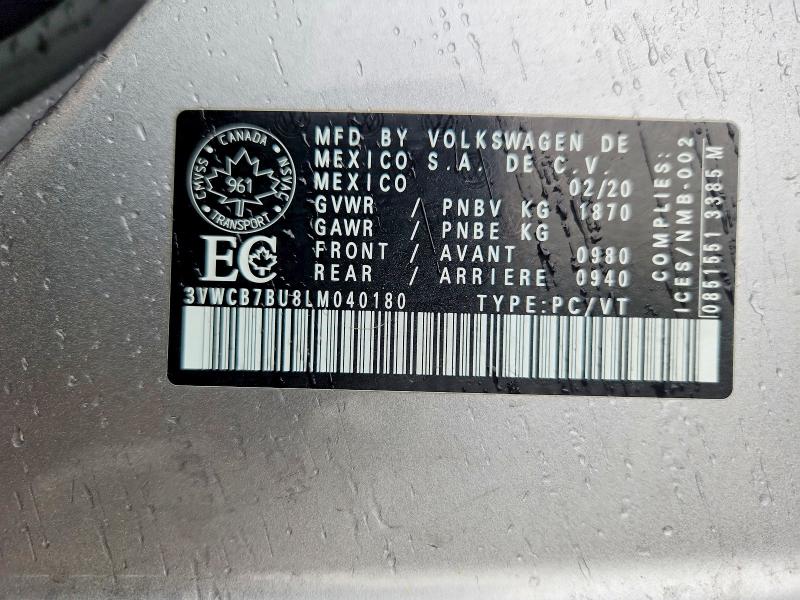 Продажа на аукционе авто 2020 Volkswagen Jetta, vin: 3VWCB7BU8LM040180, номер лота: 55071186