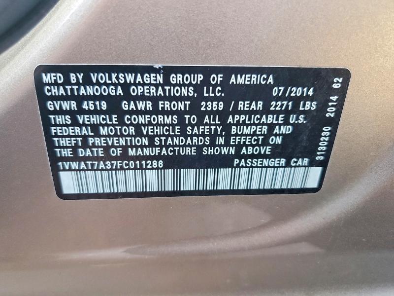 Продаж на аукціоні авто 2015 Volkswagen Passat, vin: 1VWAT7A37FC011286, номер лоту: 53551036