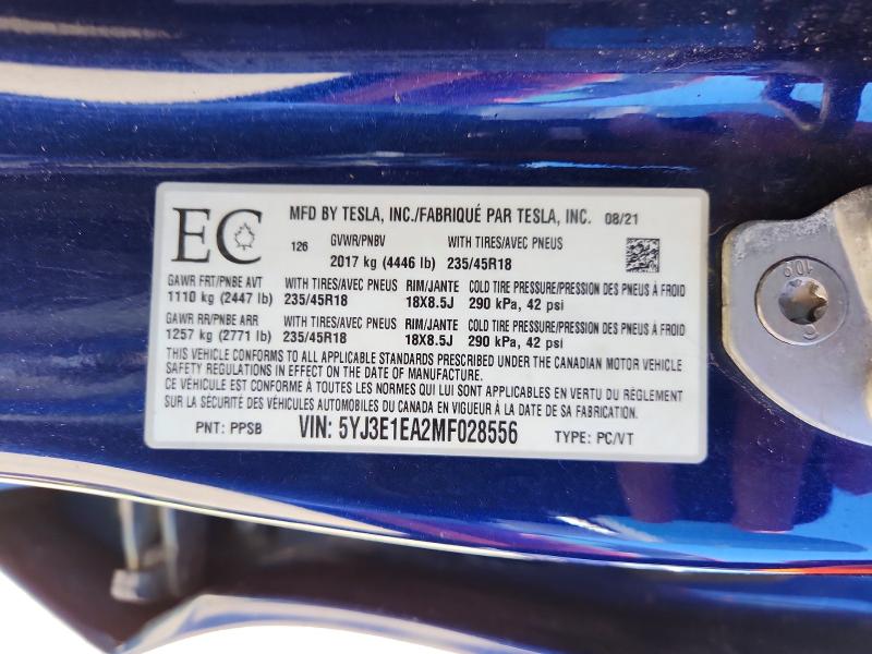 2021 Tesla Model 3 მანქანა იყიდება აუქციონზე, vin: 5YJ3E1EA2MF028556, აუქციონის ნომერი: 53280096