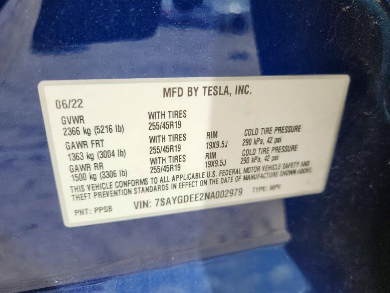 Продаж на аукціоні авто 2022 Tesla Model Y, vin: 7SAYGDEE2NA002979, номер лоту: 52051806
