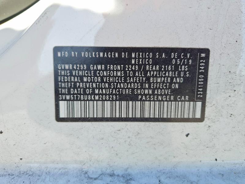 2019 Volkswagen Jetta მანქანა იყიდება აუქციონზე, vin: 3VW5T7BU8KM208291, აუქციონის ნომერი: 52773726