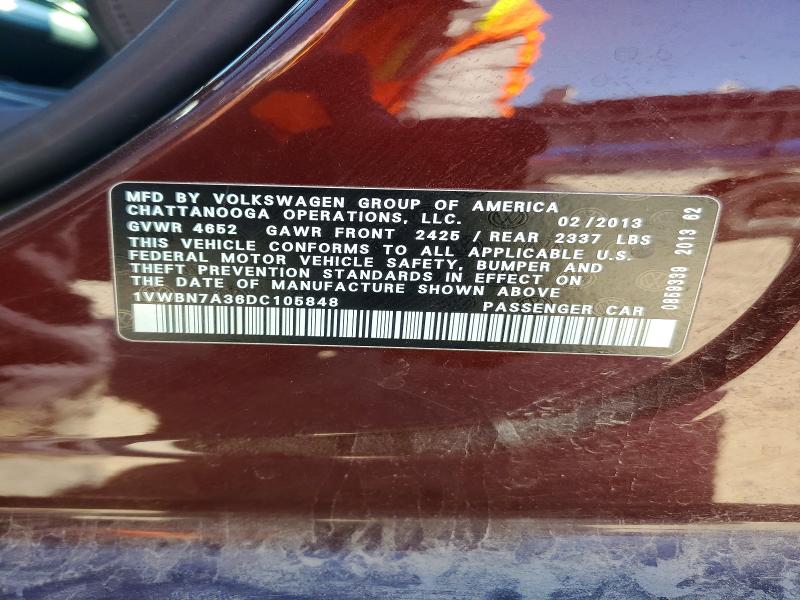 53965156 :رقم المزاد ، 1VWBN7A36DC105848 vin ، 2013 Volkswagen Passat مزاد بيع