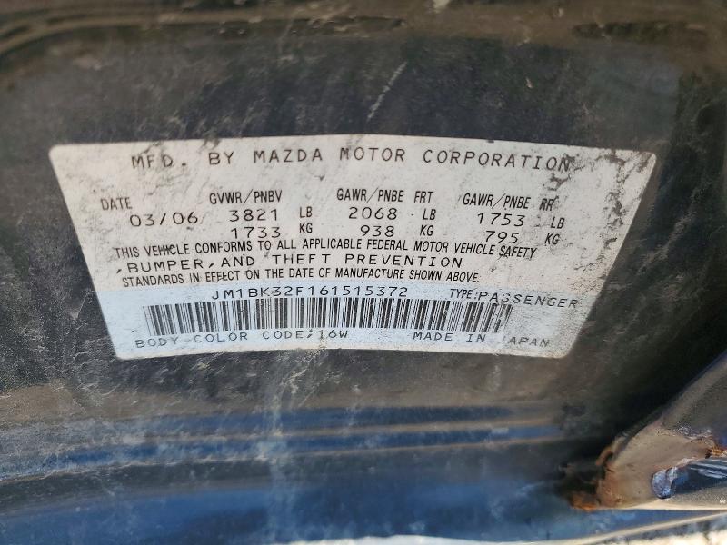 2006 Mazda 3 მანქანა იყიდება აუქციონზე, vin: JM1BK32F161515372, აუქციონის ნომერი: 52465936