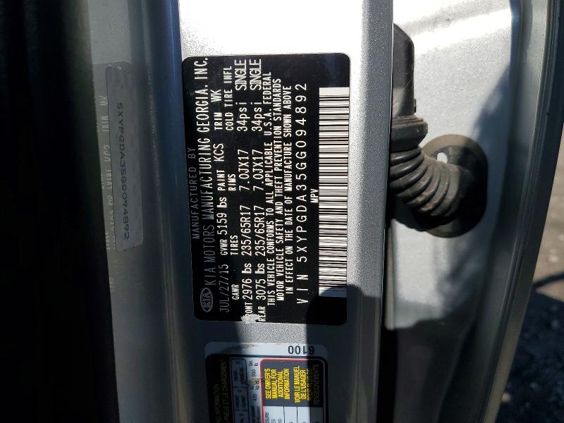 Продаж на аукціоні авто 2016 Kia Sorento, vin: 5XYPGDA35GG094892, номер лоту: 51861176