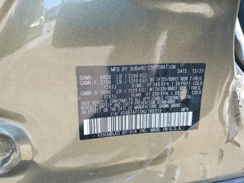 2022 Subaru Outback მანქანა იყიდება აუქციონზე, vin: 4S4BTAFC5N3180312, აუქციონის ნომერი: 52429836