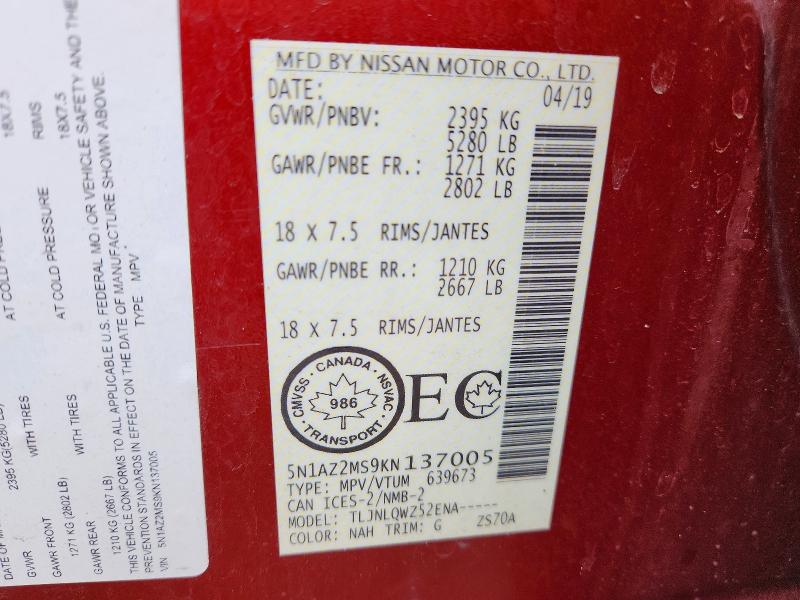 Aukcja sprzedaży 2019 Nissan Murano, vin: 5N1AZ2MS9KN137005, numer aukcji: 53666896